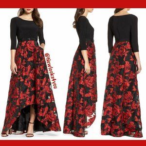 NEW Adrianna Papell Rose Organza High Low Maxi Dress in Black/Red [SZ 2 ]‎